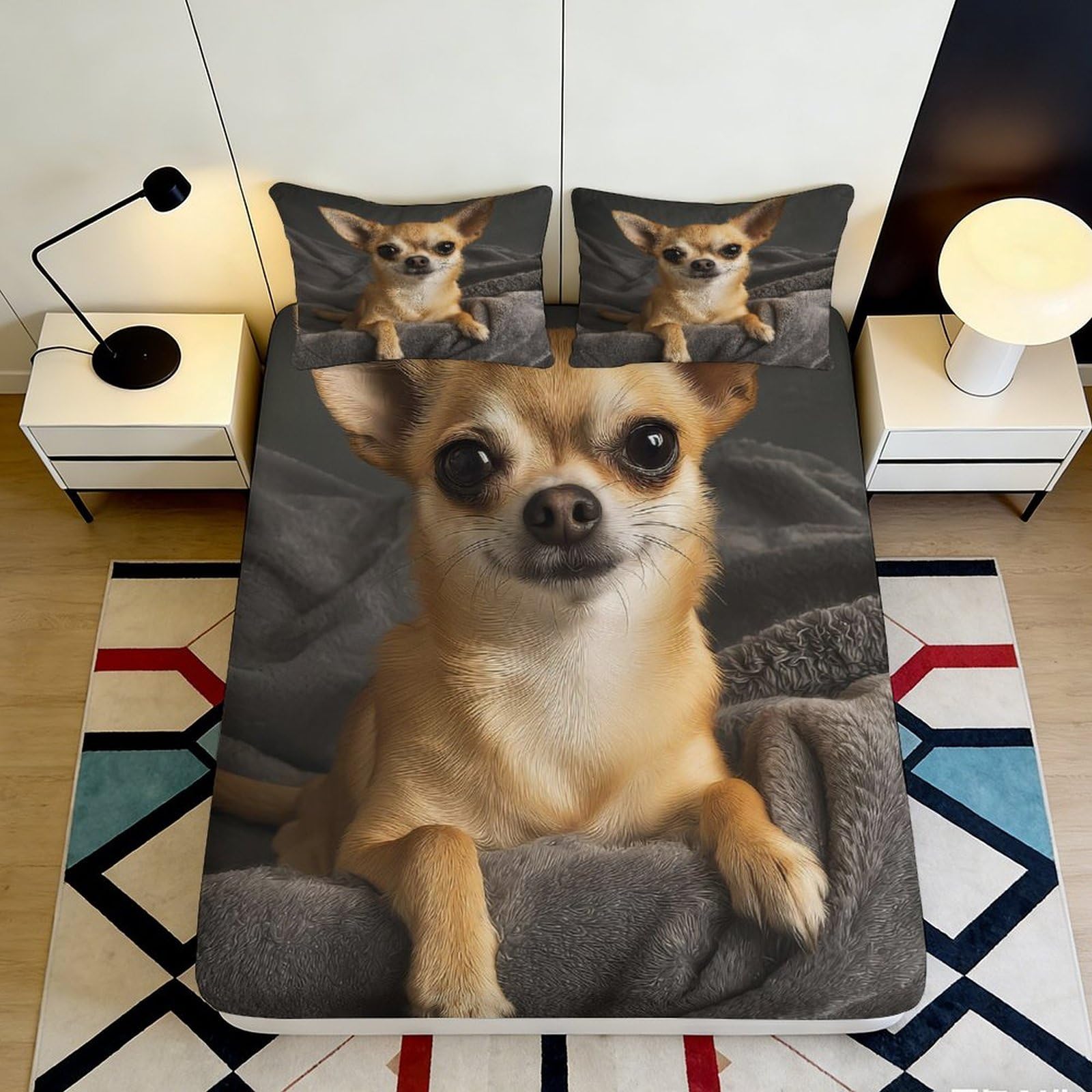 3D Printed Chihuahua Dog Pattern Fitted Sheet Microfiber Non-slip Bed Cover for Bedroom Guest Room Easy Care 90x200x25cm