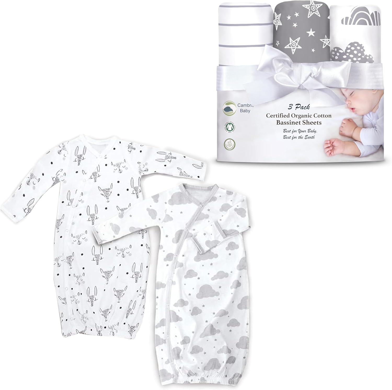 100% Organic Cotton Bundle of 3 Bassinet Sheets and 2 Kimono Gowns 0-6 Mo Fitted Sheets Adapt to Oval, Hourglass and Rectangular Bassinet Pads, Neutral Patterns. Ideal Newborn Gift for Boy or Girl
