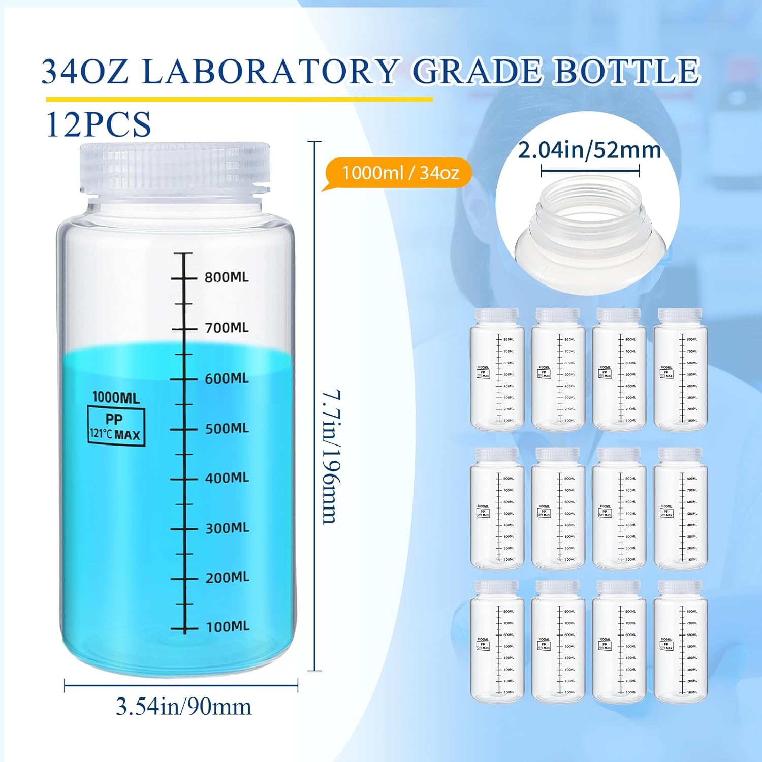 Tatuo 12 Pcs 32oz 1000ml Plastic Sample Bottles with Screw Cap, Liquid Containers with Lid for Lab Reagent Sample Medicine Pill Water Storage, Travel Bottles(Clear,Wide Mouth-Dark Scale)