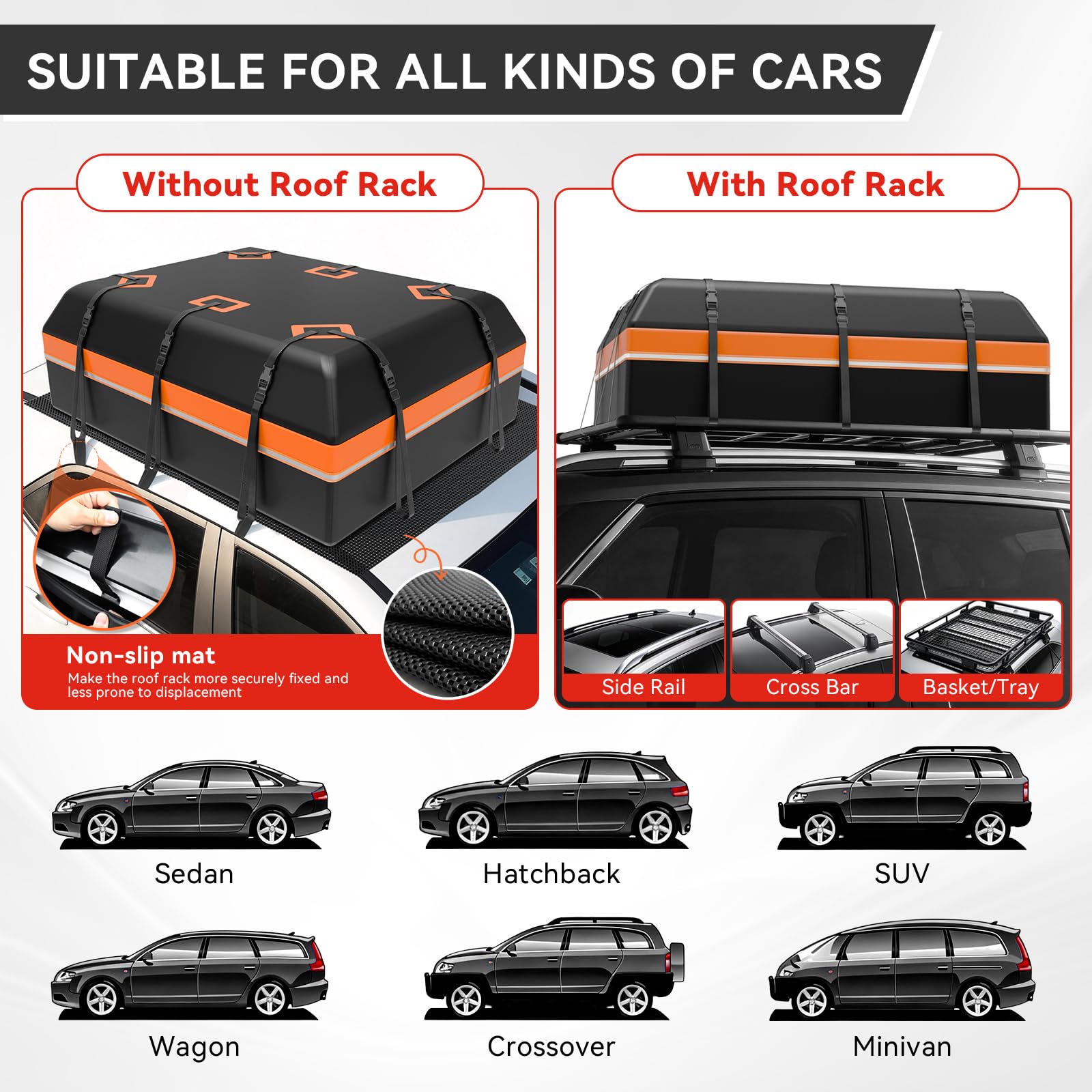 Borsa da tetto per auto, 598 l, impermeabile, 10 cinghie e 6 ganci per porta, tappetino antiscivolo e lucchetto per bagagli inclusi, per auto con/senza portapacchi