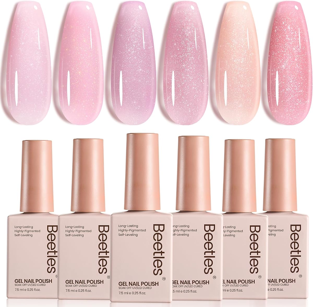 Beetles Pink Glitter Gel Polish Set, 6 Colors Jelly Gel Polish Kit | Shimmer Sheer Translucent Effect Soak off UV Nail Concealer Nail Art Salon Manicure Gift for Women
