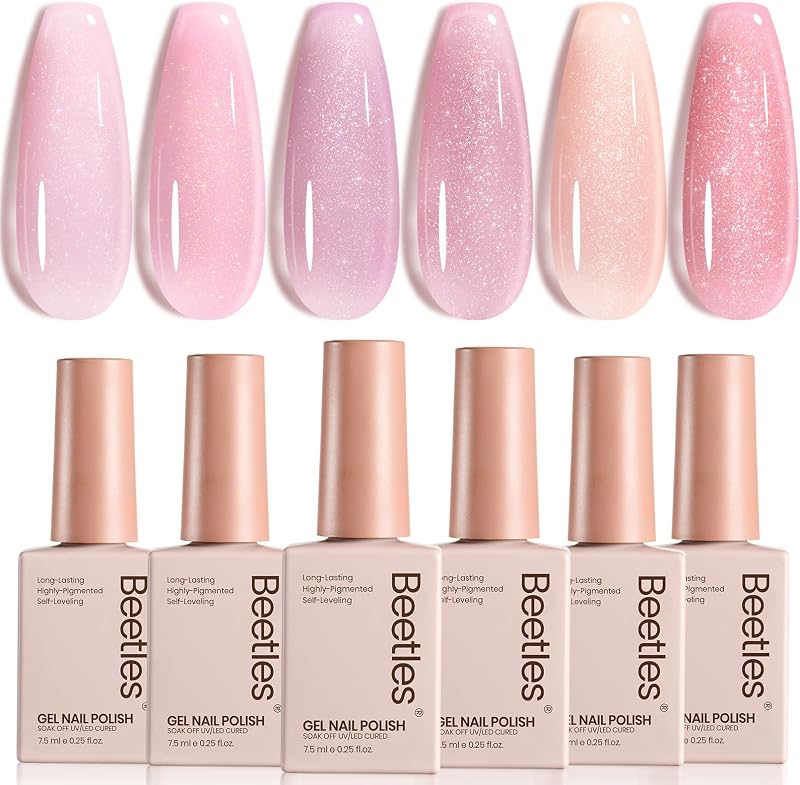Beetles Pink Glitter Gel Polish Set, 6 Colors Jelly Gel Polish Kit | Shimmer Sheer Translucent Effect Soak off UV Nail Concealer Nail Art Salon Manicure Gift for Women