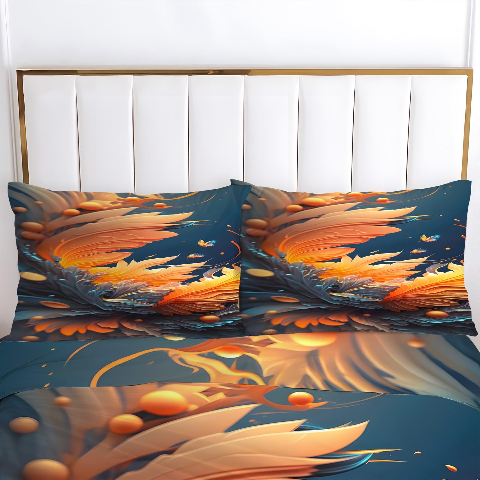 Generisch AN388 Pościel w kolorze pomarańczowych liści 155 x 220 cm, niebieskie liście, 3-częściowy zestaw pościeli z oddychającej i miękkiej mikrofibry, 2 poszewki na poduszki z zamkiem błyskawicznym