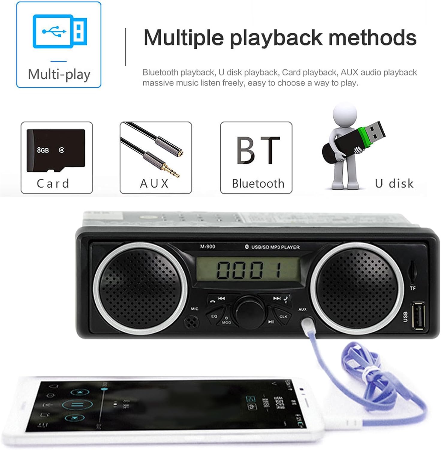 Single Din Car Stereo Bluetooth,1 Din 12V-24V Car Radio with Two Built-in Speakers, Car FM Audio Multimedia Player with USB AUX-in TF Card Port