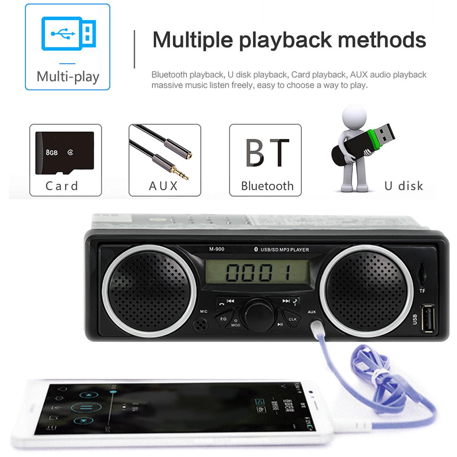 Samochodowe radio Bluetooth 1 Din 12V-24V z dwoma wbudowanymi głośnikami | Samochodowe stereo samochodowy odtwarzacz multimedialny FM z portem USB AUX-in na kartę TF Auto radio