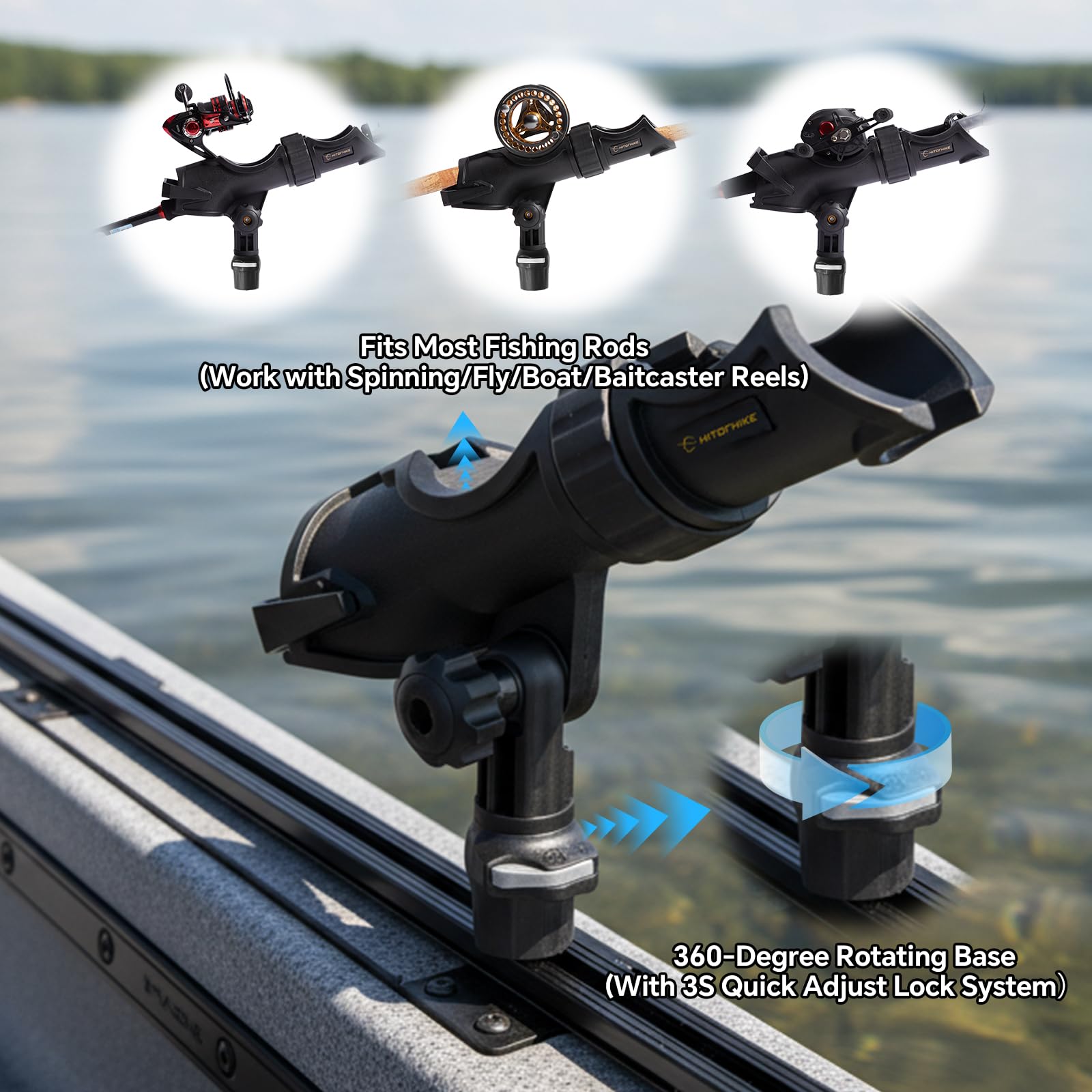 HITORHIKE 1 Pack Kayak Track Mount Fishing Rod Holder, Heavy Duty Adjustable Fishing Pole Holders with Quick-Lock Bases for Kayaks, Canoes & Small Boats (Track Mount Fishing Rod Holder 1-Pack)