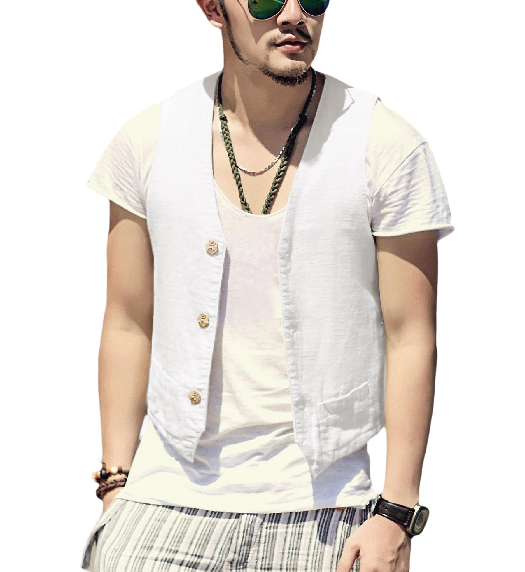 Gilet estivo in lino, da uomo, con scollo a V, alla moda, per feste, casual, vestibilità regolare