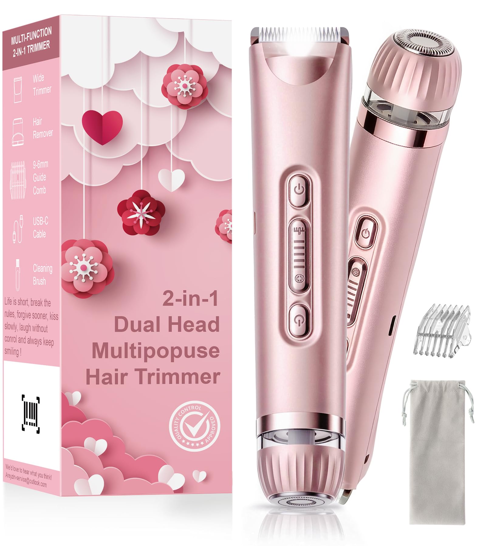 2 in 1 Dual Head Damen Elektrischer Haarschneider und Haarentferner Rose Gold mit Eingebautem LED-Licht USB-C Wiederaufladbar