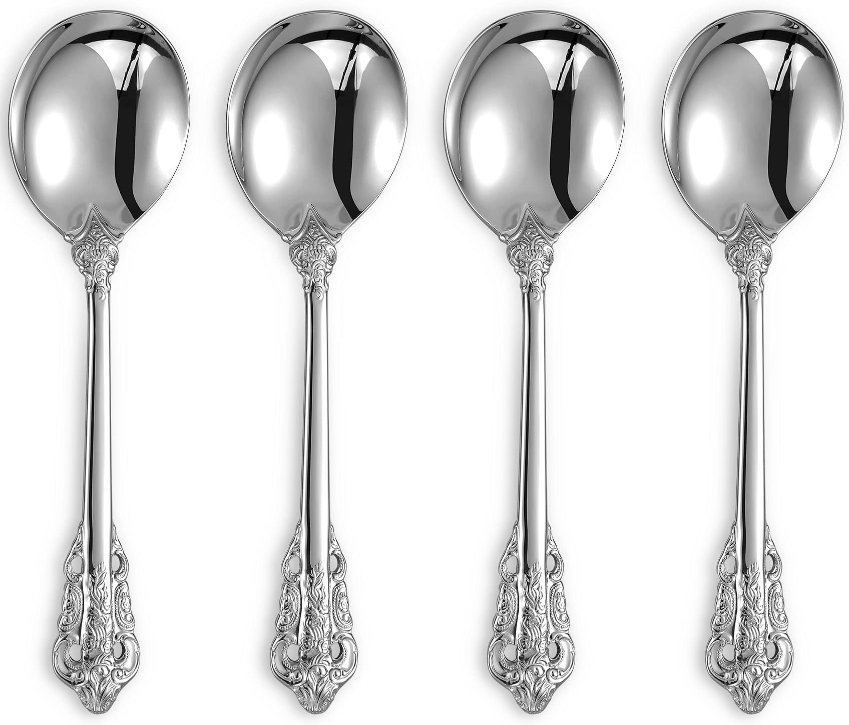 KEAWELL Gorgeous Round Soup Spoon, Set of 4, 18/10 Stainless Steel, Luxury Bouillon Spoon, Dishwasher Safe, Fine Mirror Polished (Silver)