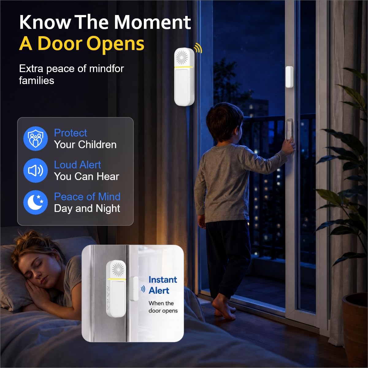 Sanjie Alarma de puerta con alertas instantáneas y retardadas 30s/1min/2min, alarmas de puerta y ventana para seguridad de los niños/seguridad del hogar, volumen 0-120 dB, timbre de entrada de puerta