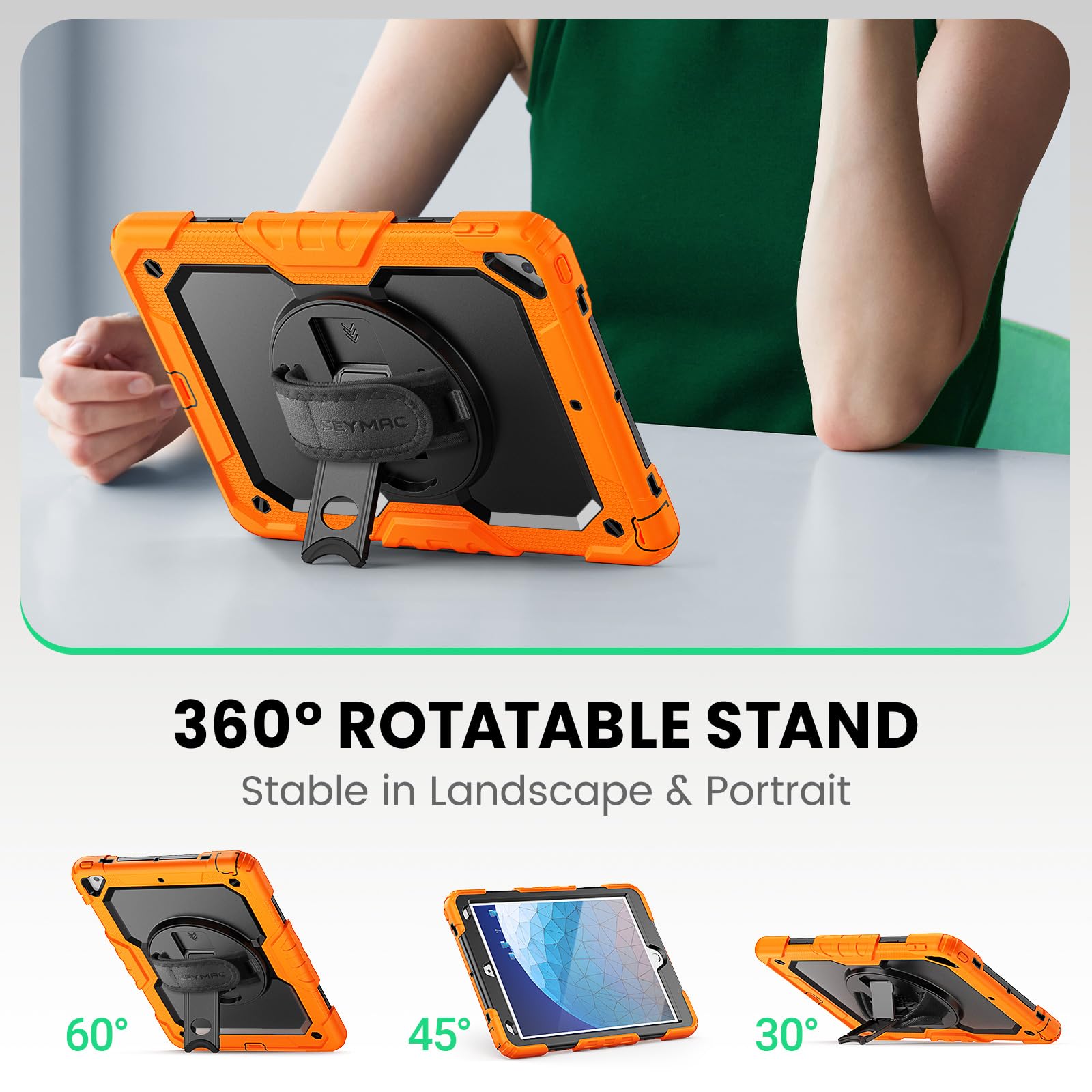 Seymac, custodia protettiva per iPad Air 3/Pro da 10,5 pollici, resistente, antiurto, con pellicola proteggi schermo, supporto girevole a 360°, cinghia da mano/tracolla per iPad Air di terza