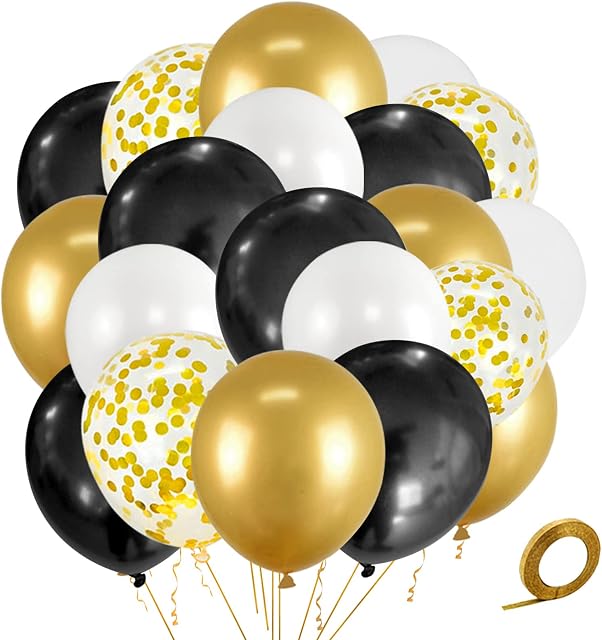 Black Gold Balloons Pack of 50 Metallic Gold Black and White Latex Balloons Set 12 inch Confetti Balloons Helium Balloons 1 roll of ribbon for Wedding Birthday Graduation Party Decoration