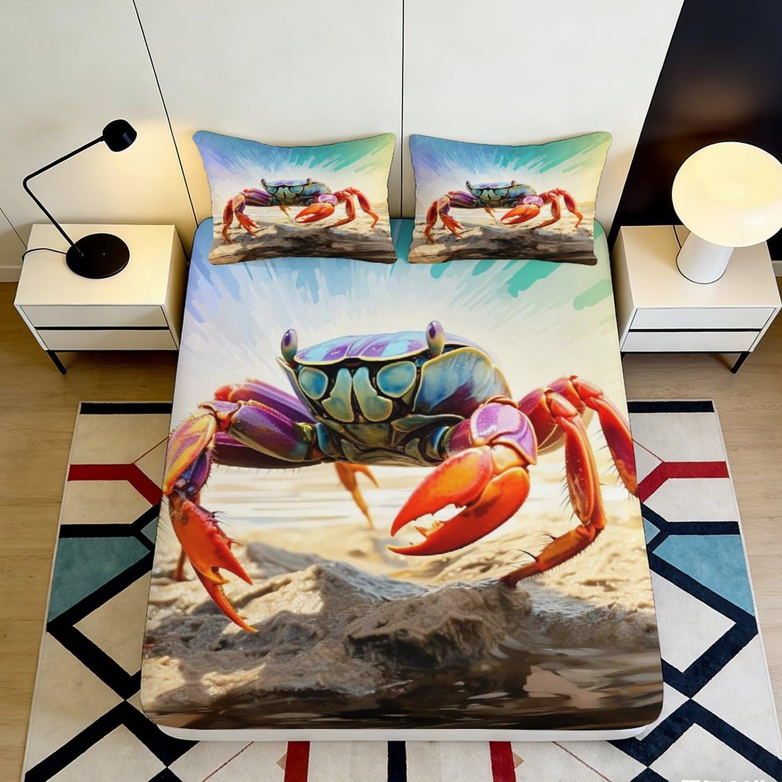 3D Printed Colorful Crab Fitted Sheet Microfiber Soft Breathable Ocean Art Mattress Cover for Bedroom Dorm 90x200x25cm