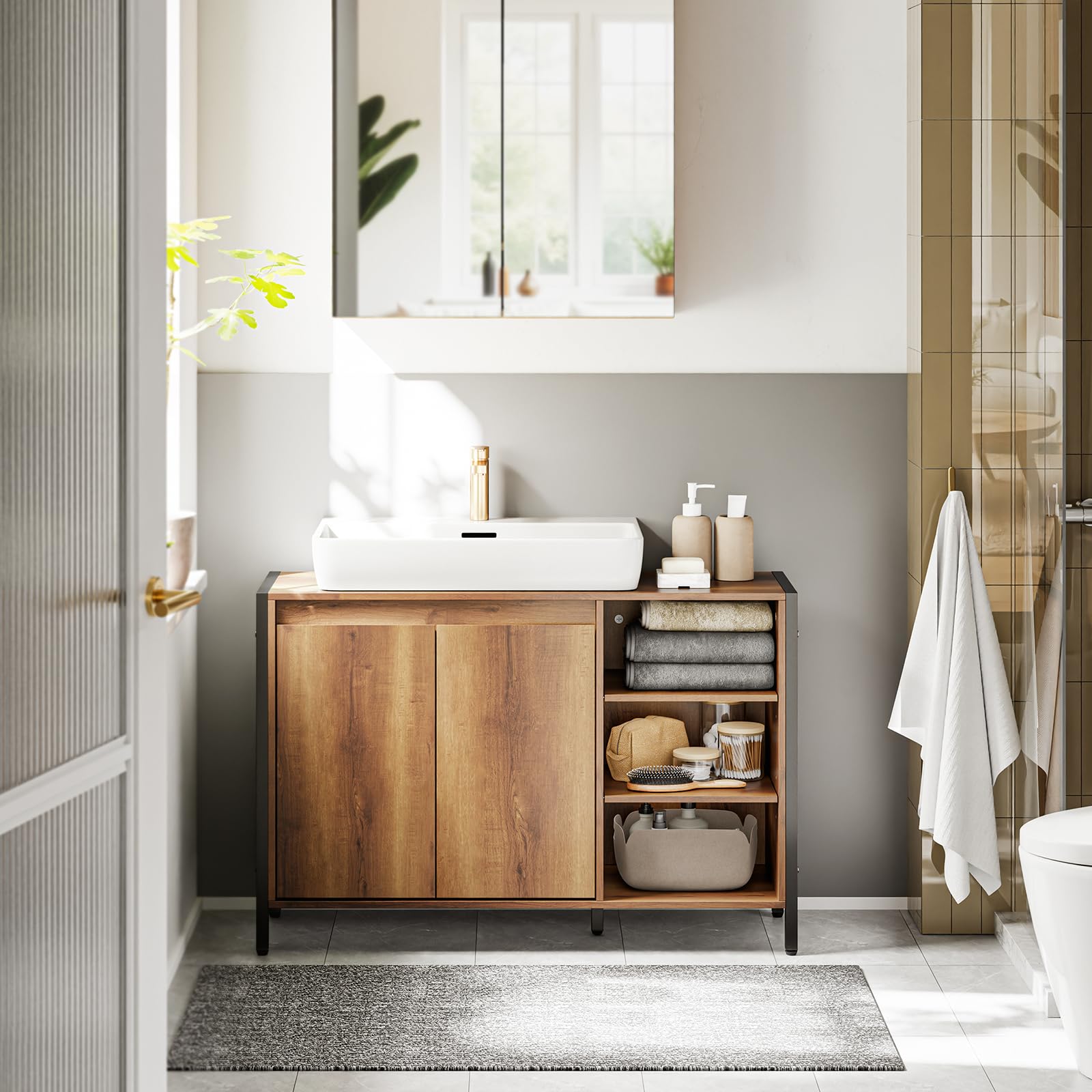 SoBuy Mueble Bajo Lavabo 90cm con Corte para Sifón para Baño | Muebles para Lavabo con Puertas y Estantes Abiertos, Armario Baño Auxiliar Estilo Industrial Madera y Metal BZR63-L-PF