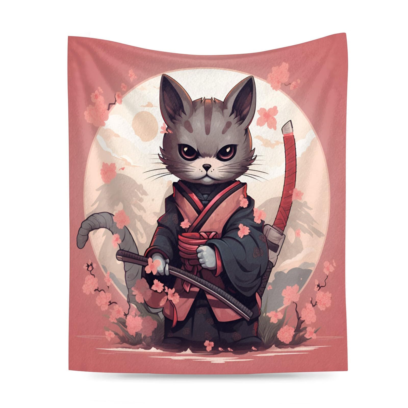 WJJFA Animal cat Fleece Blanket for Sofa Recliner Bed, Japanese Samurai Cat Pink Warm Flannel Blanket for All Seasons, Plush Quilt, Breathable Comforter, Washable Throw Blankets 80
