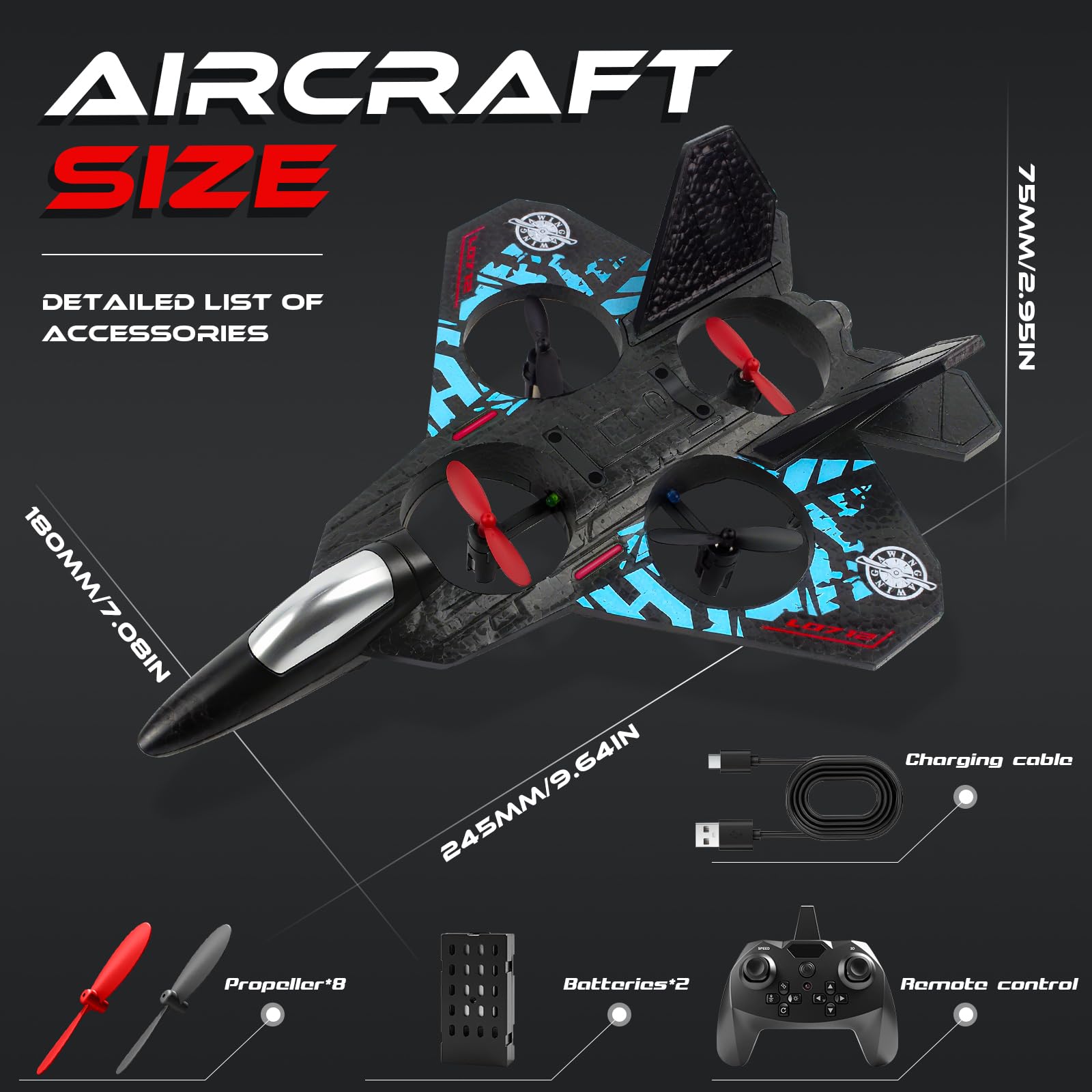 Aereo telecomandato, 2.4 GHz Aereo Radiocomandato con Batterie, 360° Surround Aerei Telecomandati con LED, 6 Assi Gyro RC Plane, Aereo Giocattolo Telecomandato per Adulti (Rosso-blu)