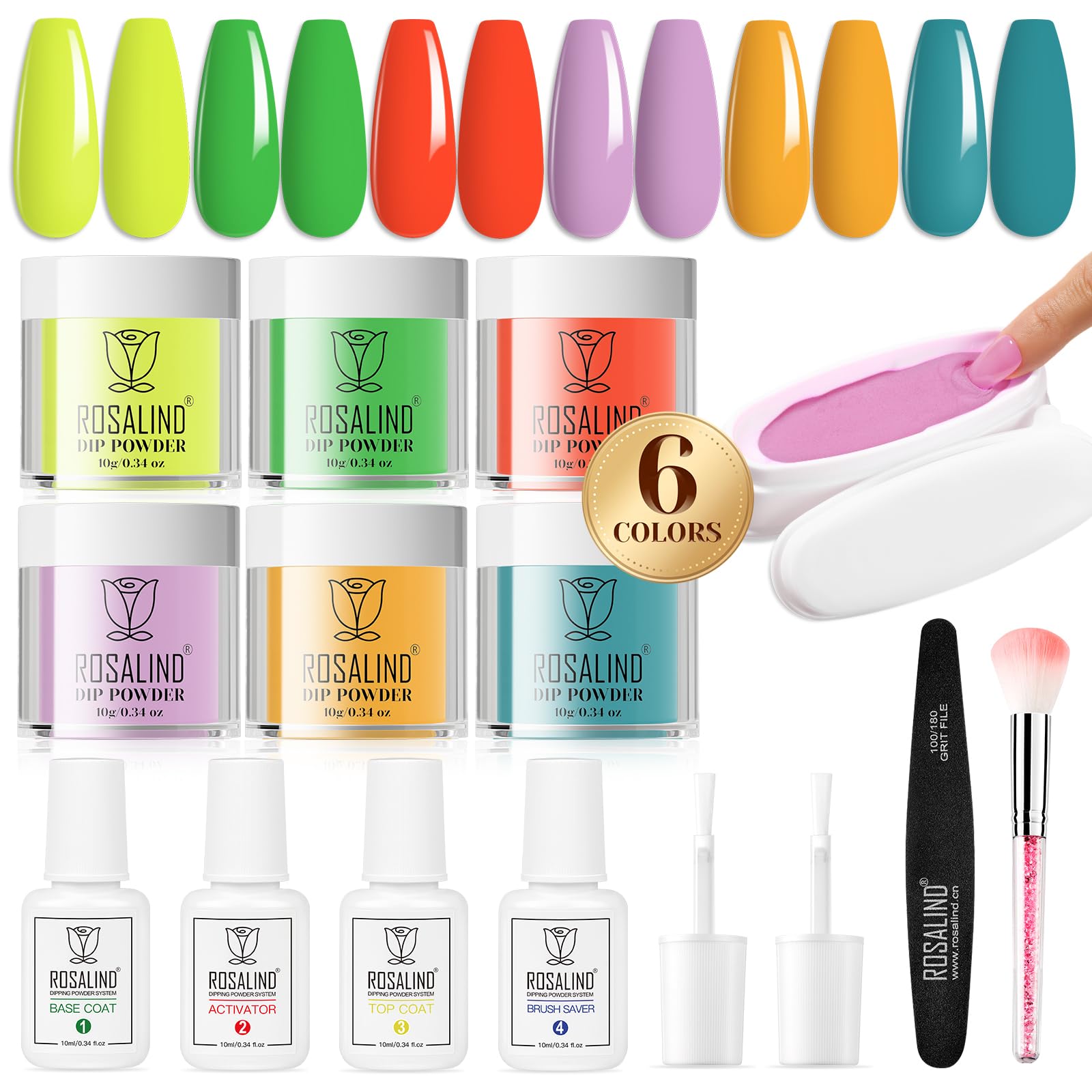 ROSALIND 13PCS Dip Nails Powder Starter Kit, 6 Colors Dip Powder Nail Kit Green Pink Red Grey Color Changing Series Nail Dip Powder Colors Set with Base & Top Coat, Brush Restorer and Activator