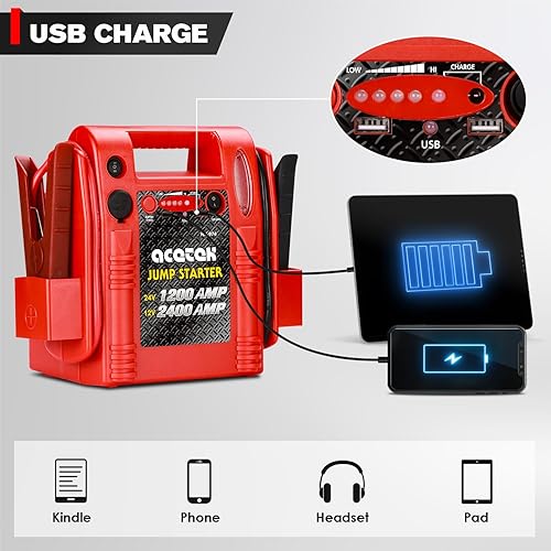 Miniatura 4 de Arrancador de batería de 12 V24 V, 24001200 amperios de pico para camión, coche, tractor, excavadora, paquete de batería resistente con salida USB y