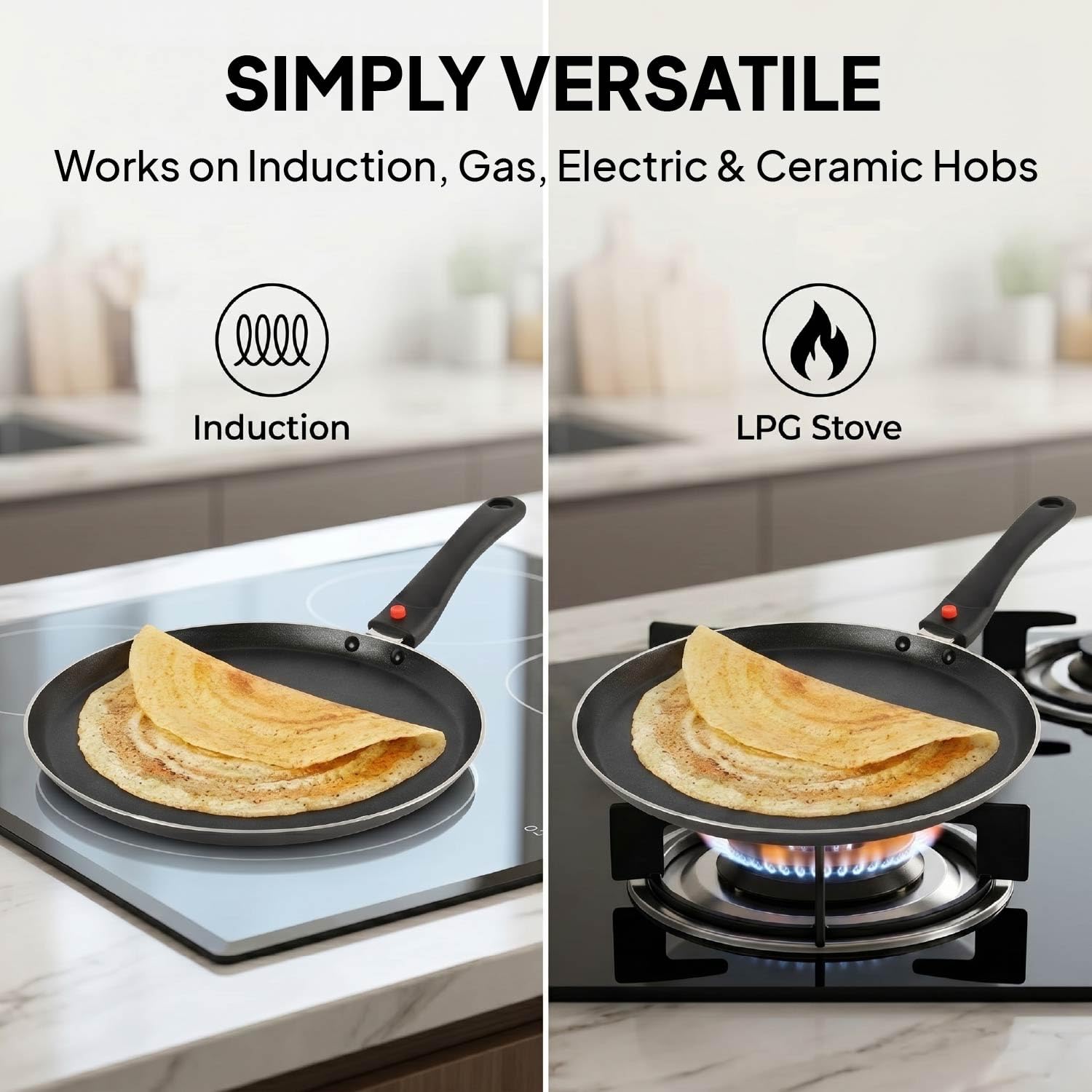 CELLO Aluminium Non-Stick Induction Base Dosa Tawa with Detachable Bakelite Handle 28 CM Black | Heavy Base, PFOA Free & Dishwasher Safe, Gas Stove & Induction Compatible | Perfect For Roti Dosa Chila 1