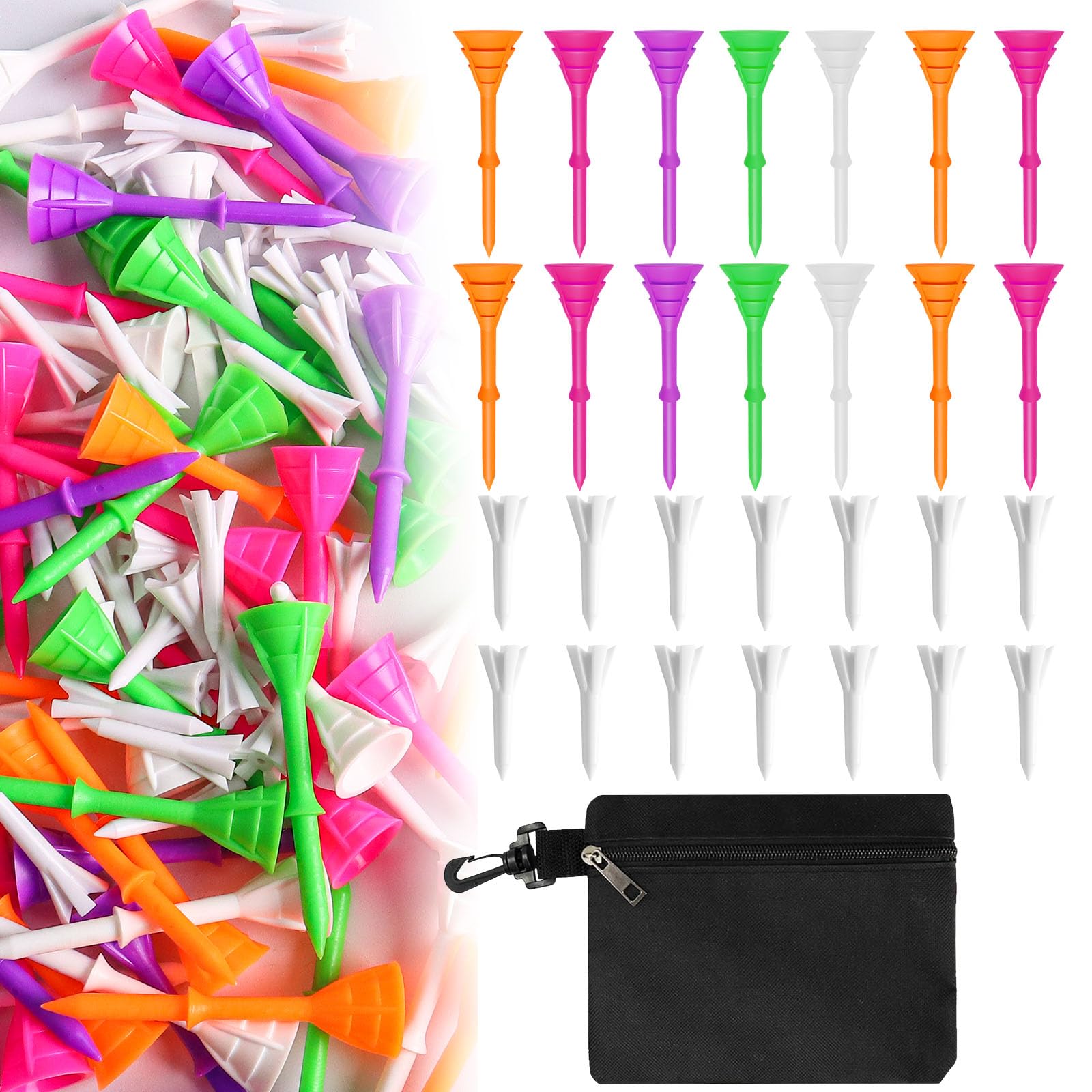 FINGER TEN Golf Tees Plastic Unbreakable 30 Tees 3 1/4 Inch and 20 More Short Tees 1 1/2 Inch with Black Golf Tee Bag, Easy to Find Value Gift Set