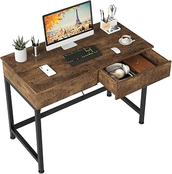 CAIYUN Computer Desk with Drawers, Dressing Table, Vanity Desk, Make Up Desks, Home Office Desks with Storage, Study Tables for Small Space, Laptop Table Made of Wood and Metal, 39.4", Brown