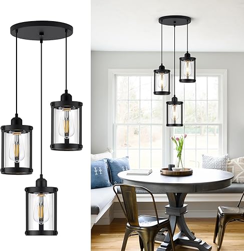 Miniatura 25 de Lámparas Colgantes de Estilo Granja, Lámpara Colgante de 1 Luz de Cristal Negro para Isla de Cocina, Iluminación Colgante Mini Rústica Industrial