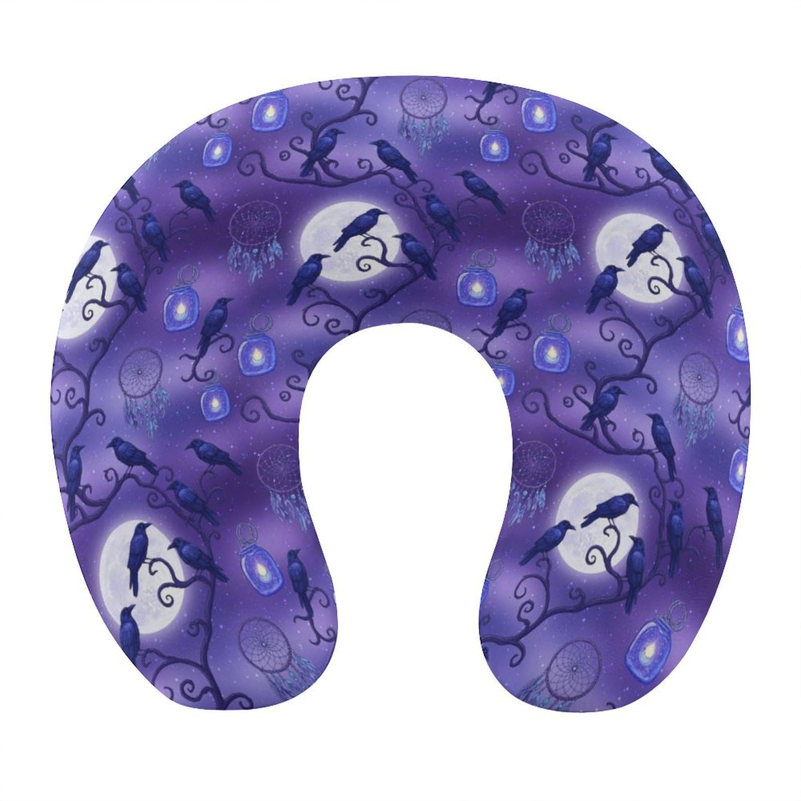 Unisex Travel Neck Pillow Memory Foam U Shaped Cushion Dream Catchers and Raven, Washable Cover for Men Women Airplane Car Home Rest