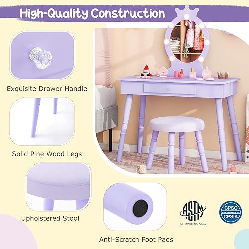 Miniatura 12 de Costzon Juego de tocador para niños, mesa de maquillaje de princesa de madera con taburete acolchado, cajón grande, patas de madera maciza y espejo