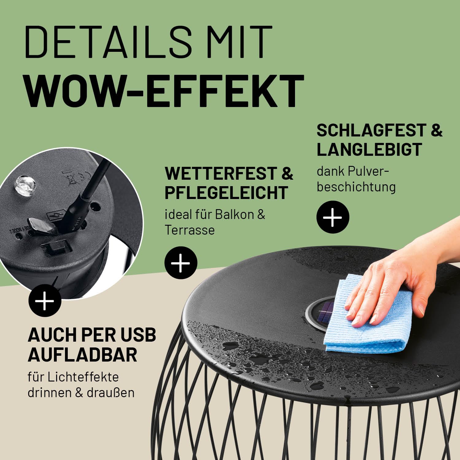 Lumaland 2er-Set Beistelltisch mit Solar Beleuchtung und USB-Option | Für Verschiedene Anwendung wie als Nachttisch & Wohnzimmertisch | Auch als Gartentisch & Balkontisch Dank Wetterfestigkeit