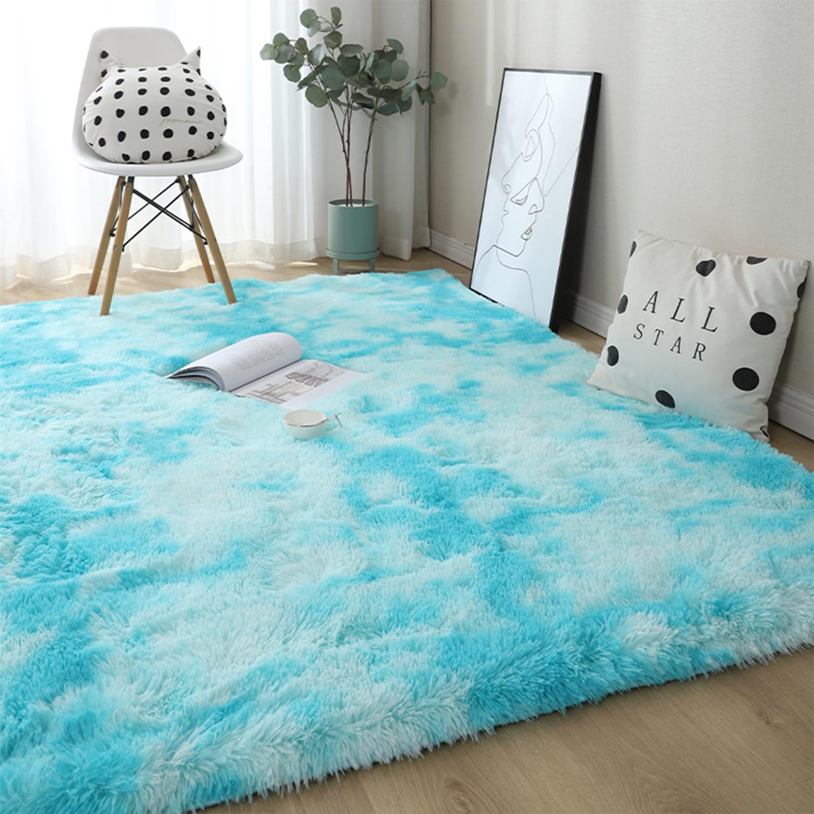 Tapis bleu ciel salon 180x190 cm antidérapant et shaggy pour une chambre d'enfant