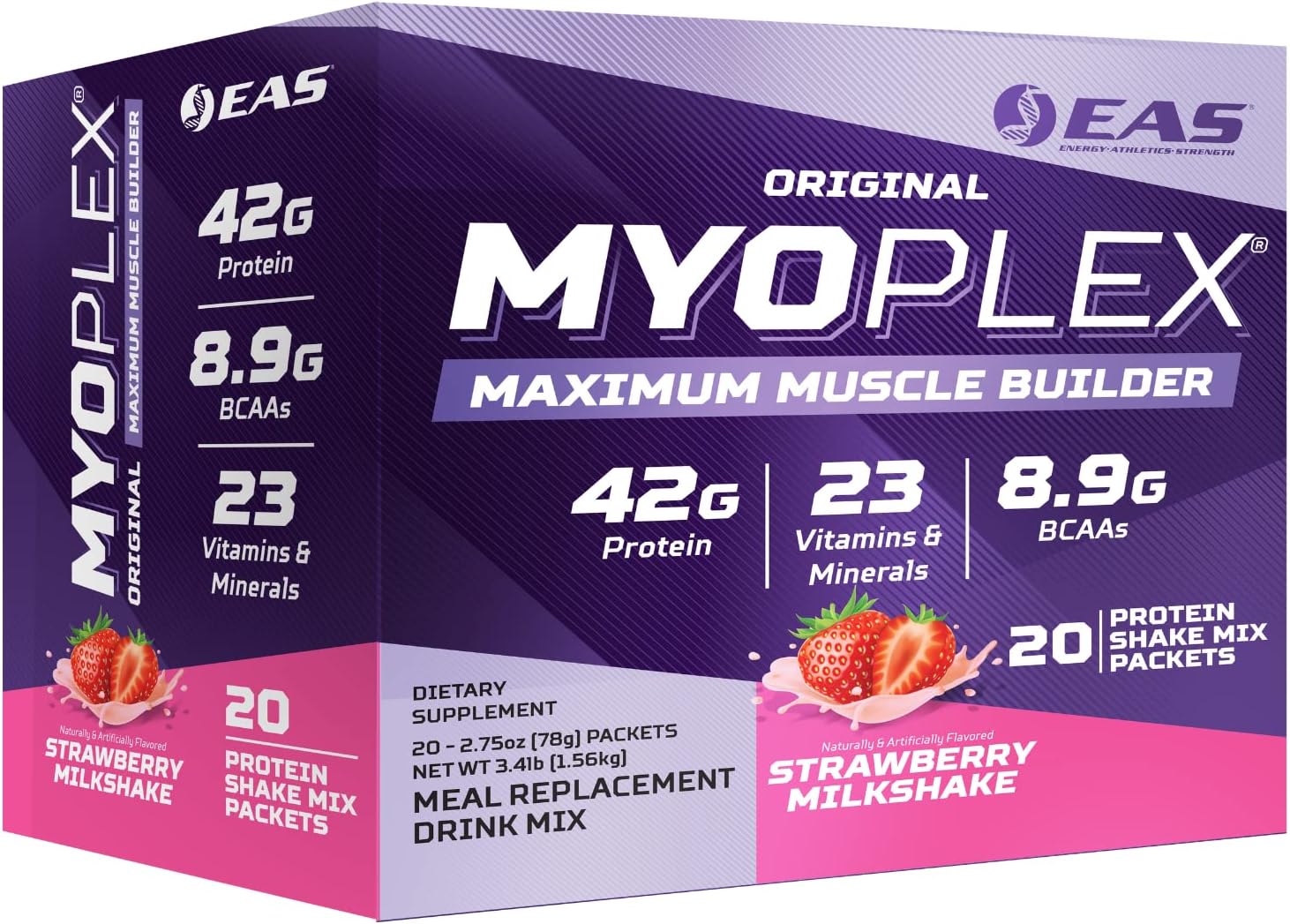 EAS Original Myoplex Maximum Muscle Builder | Meal Replacement Protein Drink Mix | Quality Protein Blend | 42g Protein | 20 Individual Packets (Strawberry Milkshake)