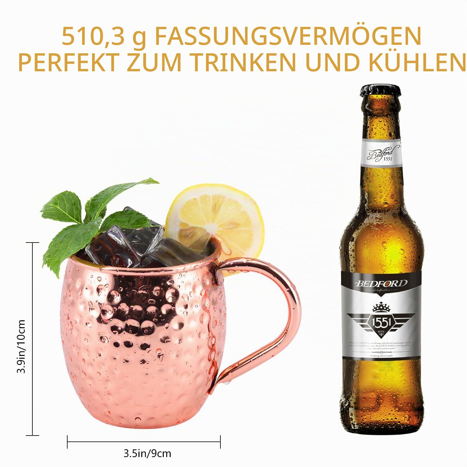 Moscow Mule Becher 4er Set, Handgefertigt Kupferbecher, 550ml Cocktail Set mit: 4 Hochwertige Kupferne Gläsern, 4 Cocktailstrohhalme und 1 Jigger