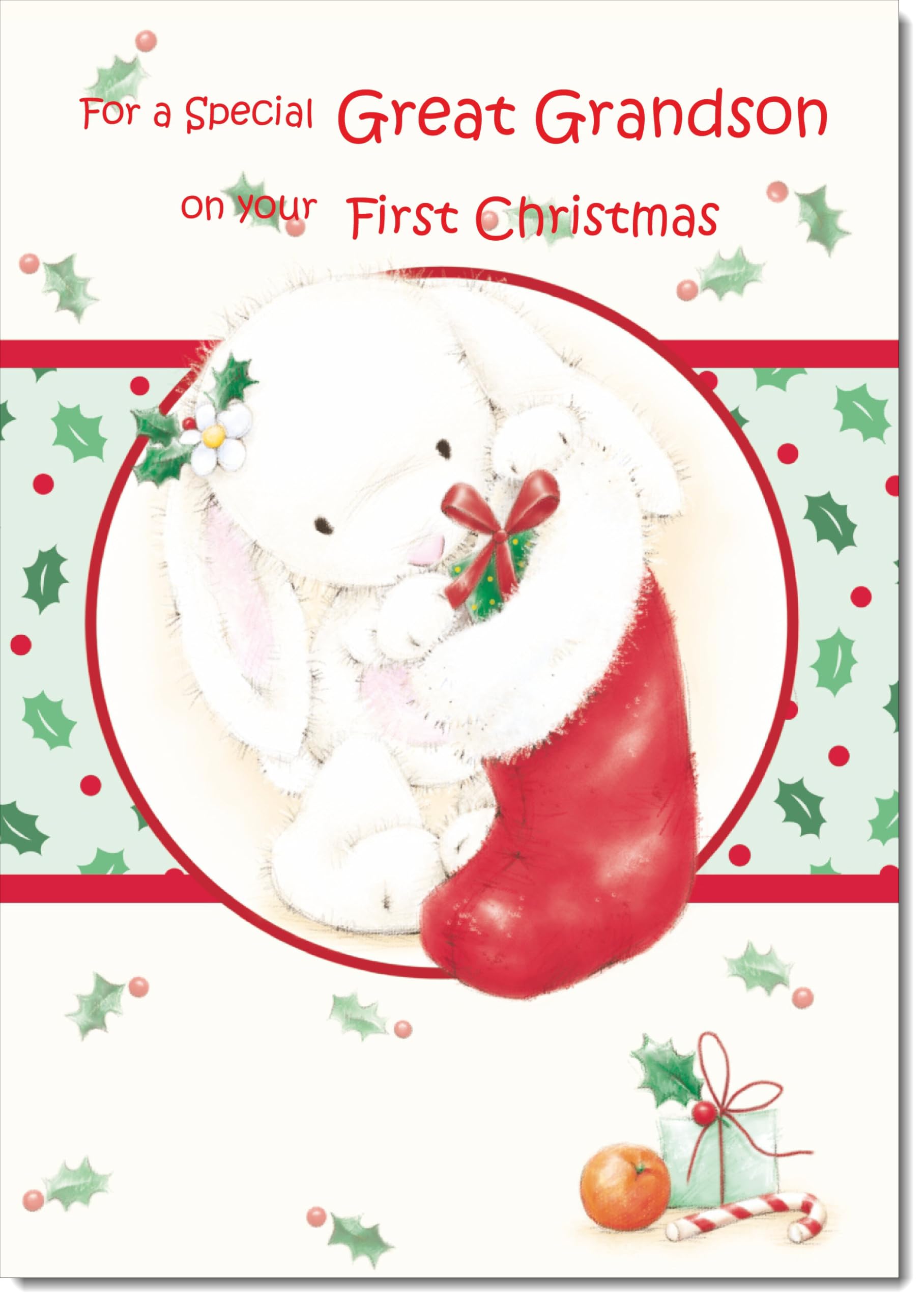 doodlecards Great Grandsons 1st First Christmas Card Cute Rabbit with Stocking Large A4 Size Christmas Card for Great Grandsons 1st with Plain Envelope