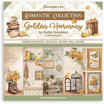 وسادة ورقية مزدوجة الجوانب Stamperia Golden Harmony مقاس 12 بوصة X12 بوصة - 10 أوراق/كجم.