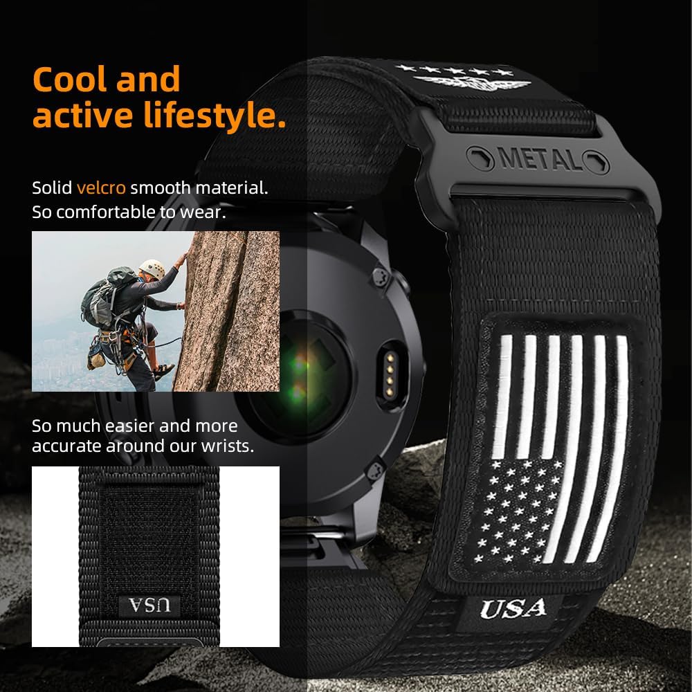 USA Ultra Series Compatible for Garmin Watch Band Replacement,Quickfit 22mm 26mm Rugged Velcro Nylon Fenix 6 5 7 Bands,Compatible for Garmin Fenix 7X/Fenix 6X/Fenix 5X/Enduro 2/Tactix