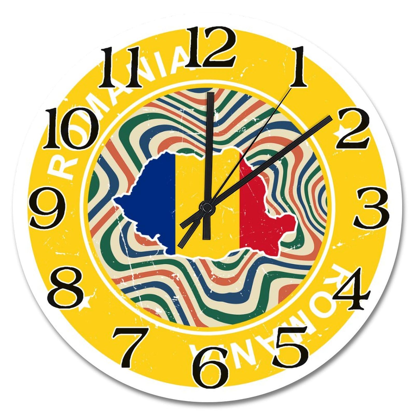 Horloge murale colorée avec drapeau de la Roumanie en bois rétro 38 cm
