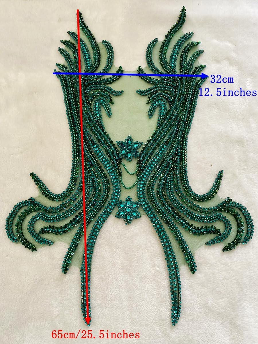 Pure Handmade Rhinestones Beads Applique sew on Crystal Sequins lace Trim Patches Accessories for Dress Clothing Shiny Bead Decorative Material 12.5X25.5inches (Champagne)