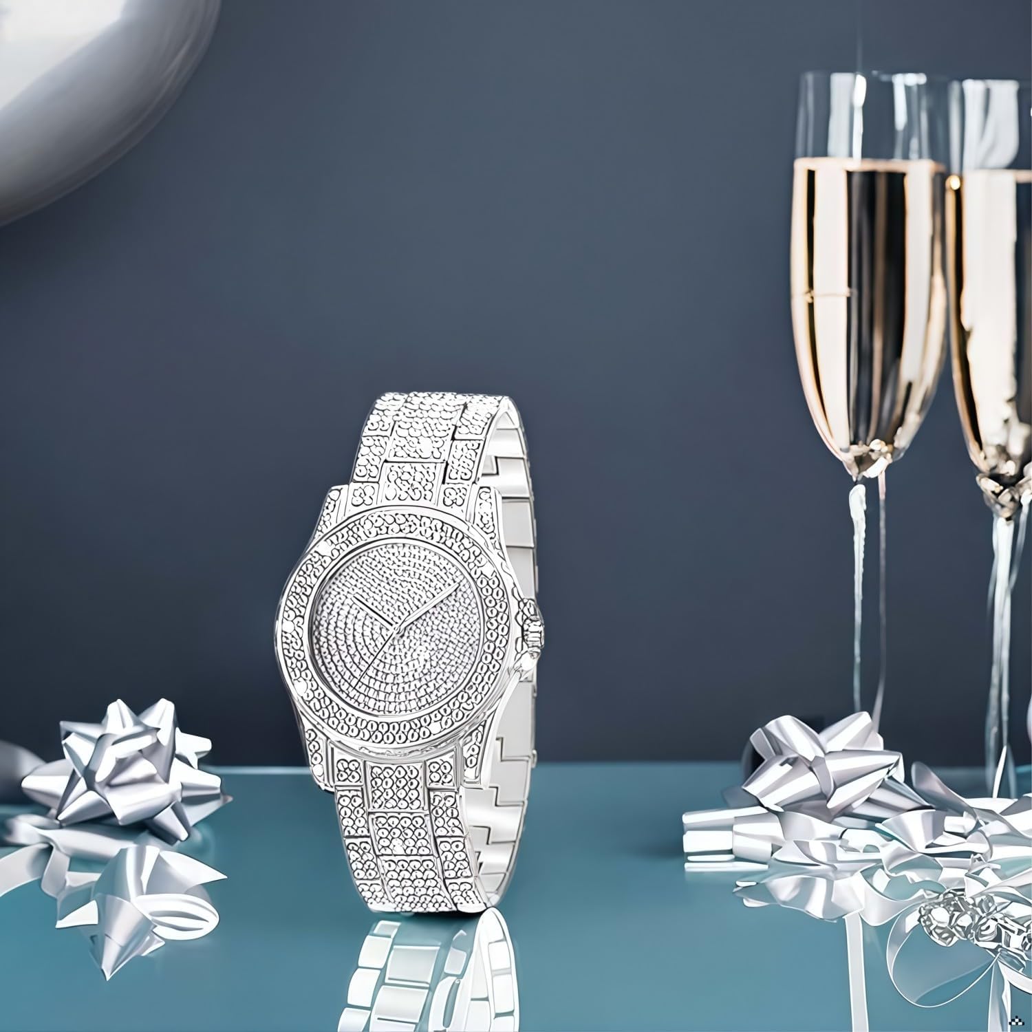 Watch for Women Interior Full Diamond Bling Rhinestone Iced Out Quartz Crystal Stainless Steel Ladies Wrist Watch