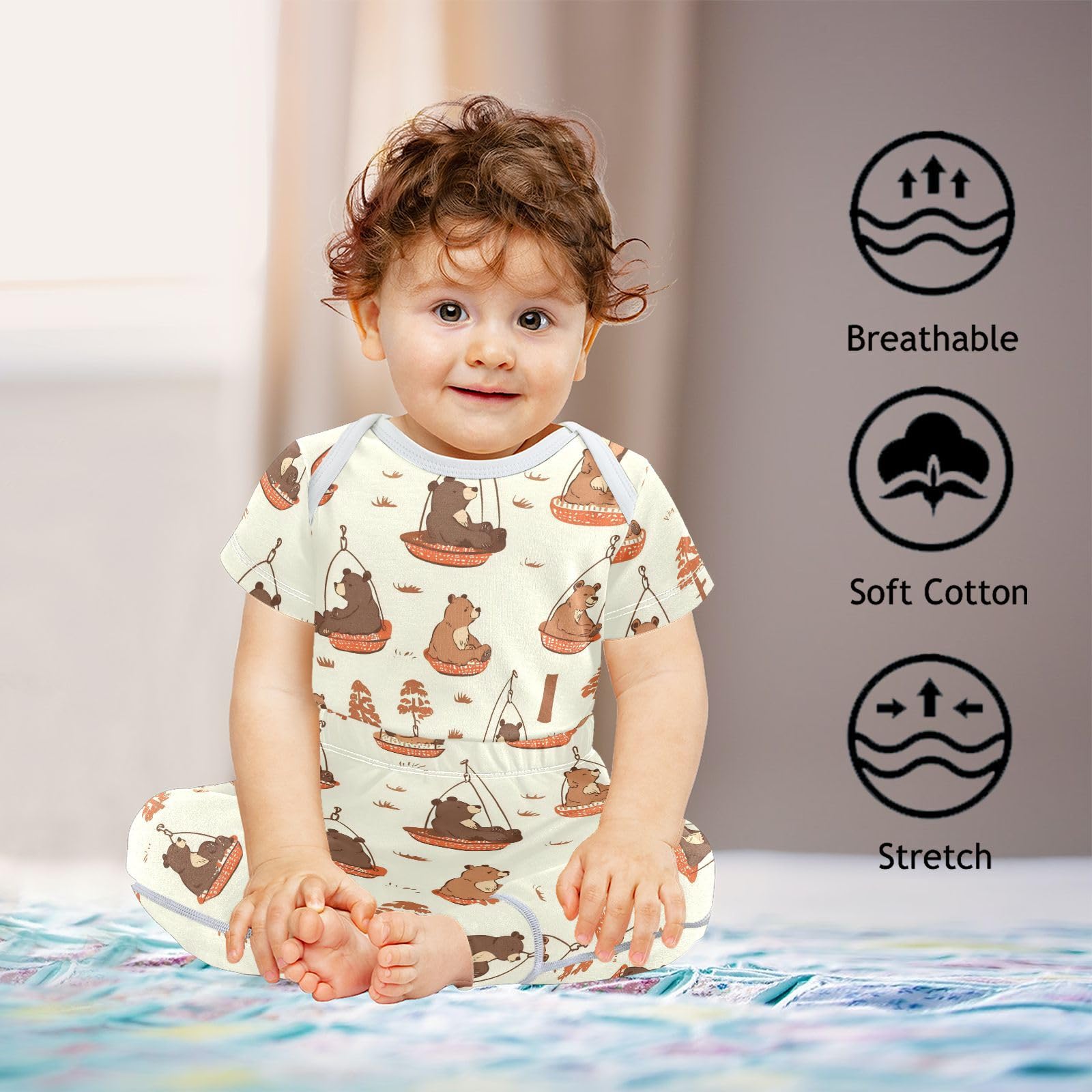vvfelixl Baby Layette Sets Clothes,Brown Bears Baby Bodysuits Set,Unisex Babys Pants Sets Short Sleeve 12-18M
