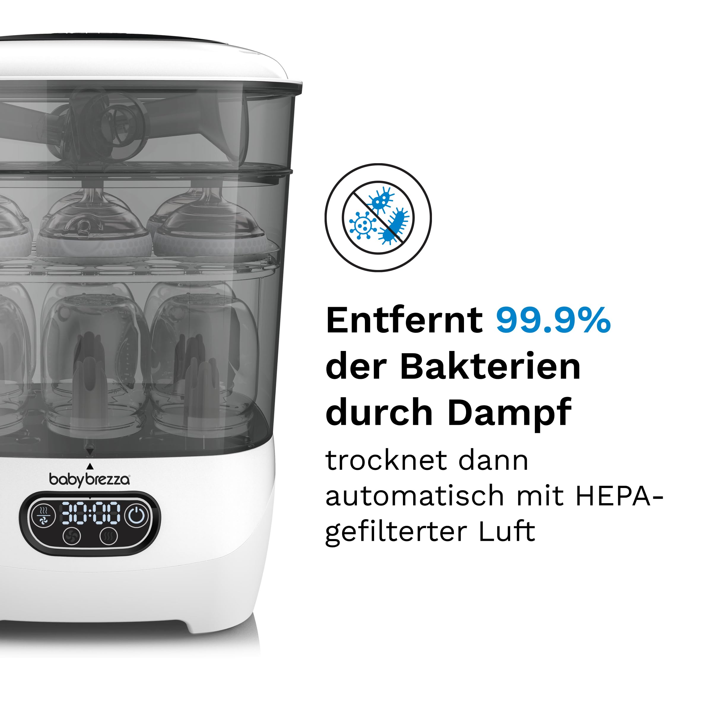Baby Brezza Sterilizer Dryer Advanced – Sterilisiert & trocknet Babyflaschen, Milchpumpenteile & Zubehör automatisch – Mit HEPA-Filter, 4 Modi & großer Kapazität – BPA-frei – Weiß