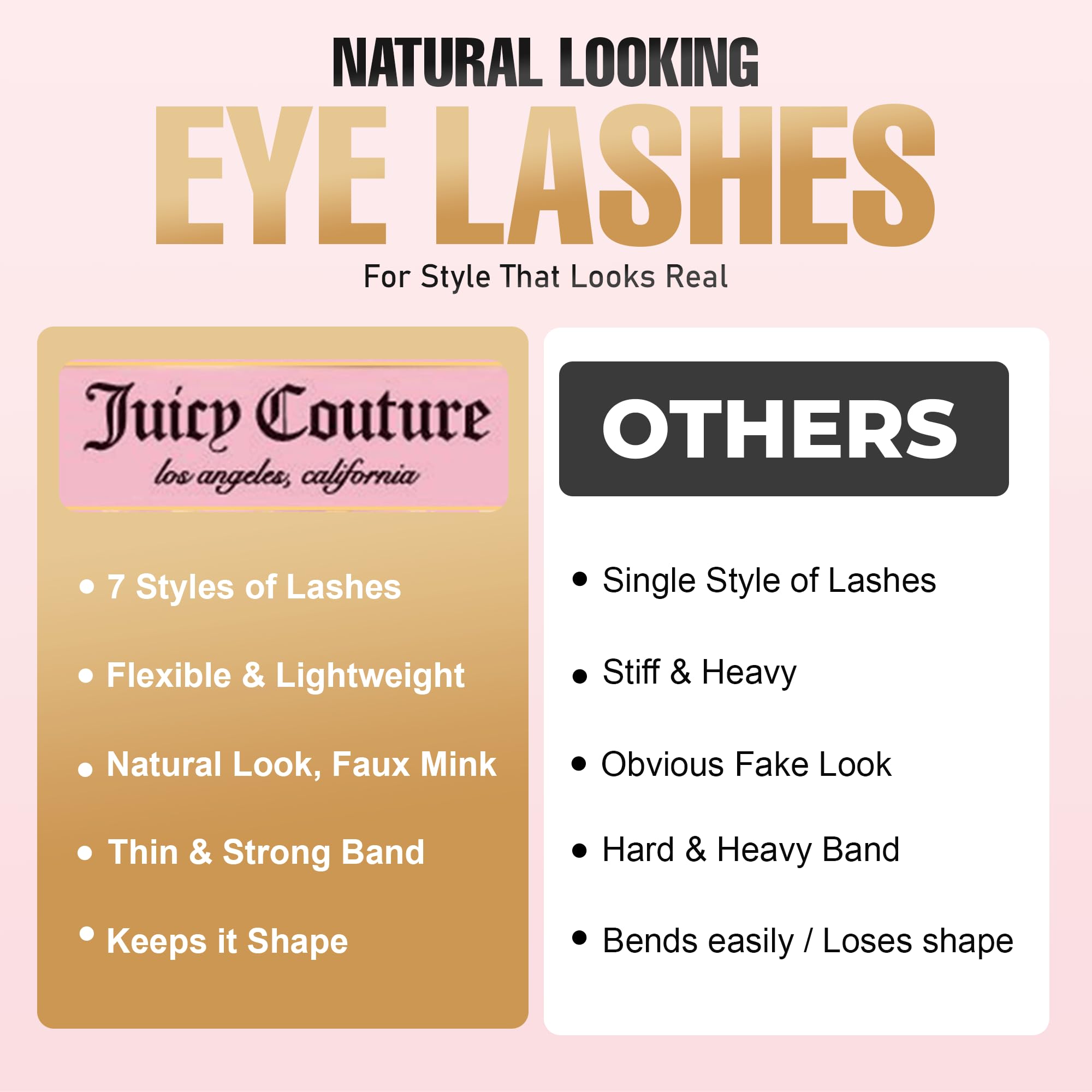 Juicy Couture False Mink Eye Lashes Strips – 3D Wispy Cat Eye Strips with Glue & Applicator – 7 Unique Lash Falsies Every Day for Natural, Fluffy, Dramatic Looks (14 Pairs)