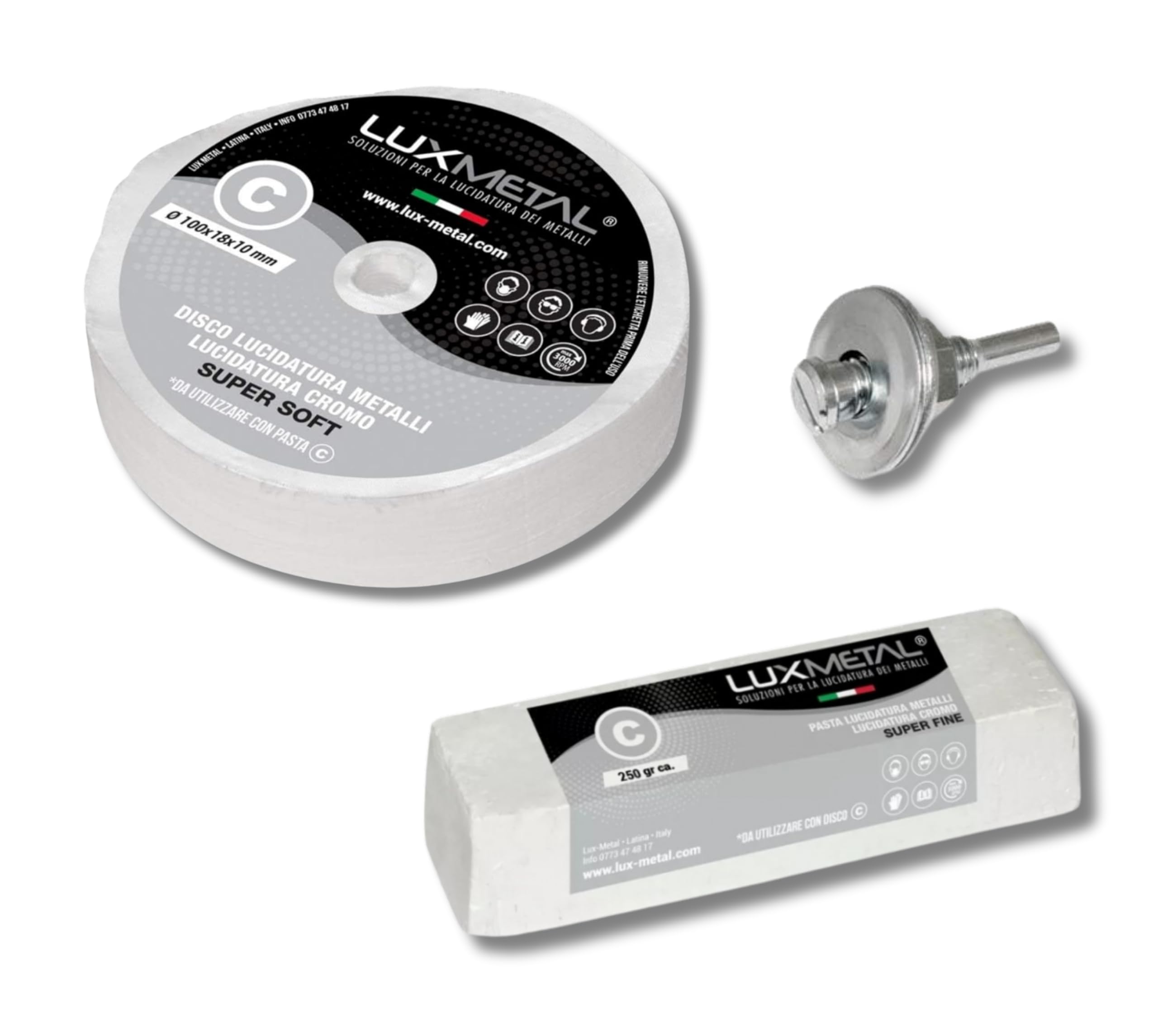 Lux Metal Kit de 1 pâte abrasive polie 250 g et 1 disque de polissage en coton 100 mm (S-Fine) pour polir les métaux en acier inoxydable aluminium fer poli chrome plexiglas marbre laiton cuivre