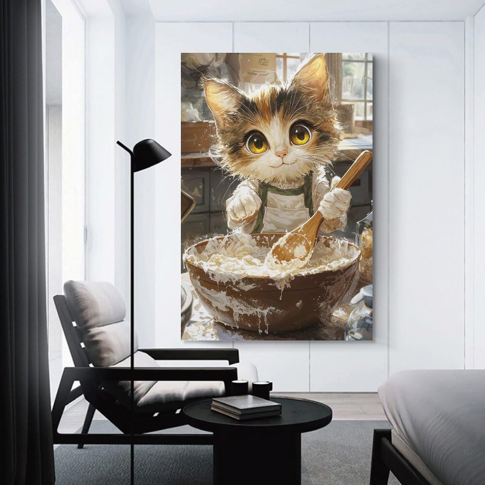 Junmoney Cat Baking with Wooden Spo Wall Art Print, 16x24inch(40x60cm), for Bedroom Walls, Guest Spaces Or Lounges, Home Artwork with A Soft Interior Feel