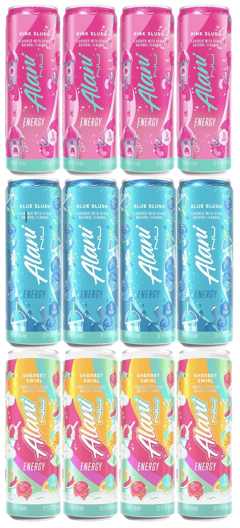 Alani Energy Drink Variety Pack - Blue Slush, Pink Slush, and Sherbet Swirl - 12 Pack Gift Basket