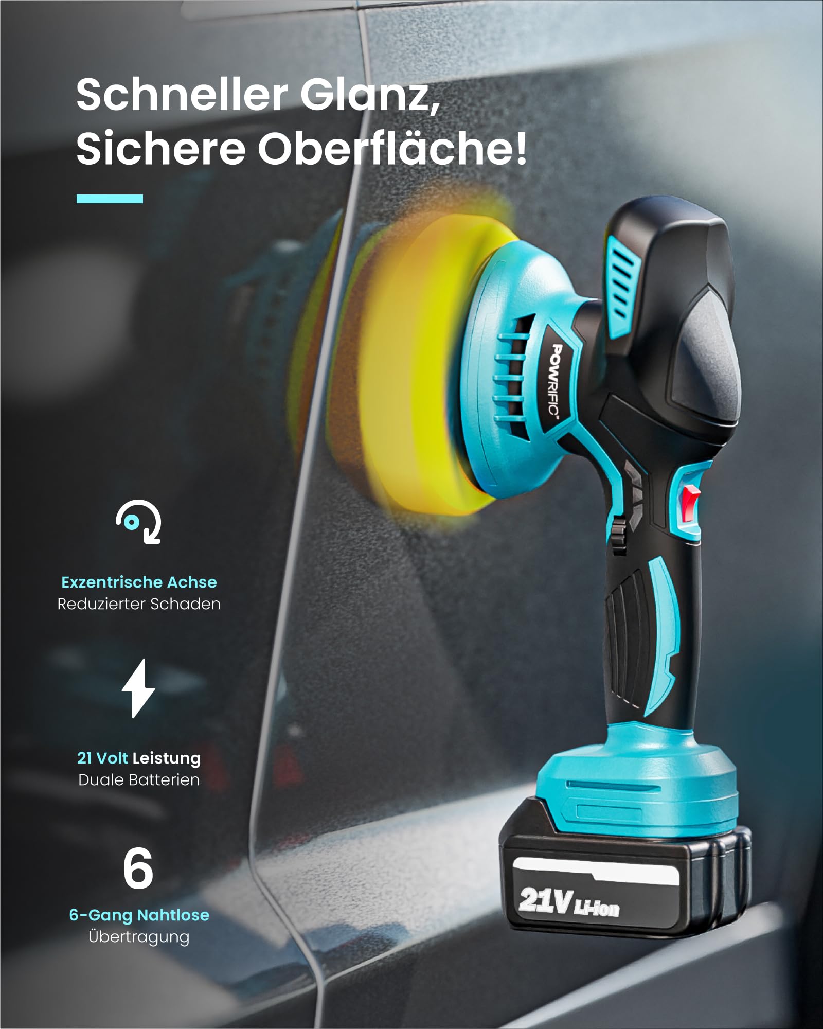 Exzenter Poliermaschine Akku Set, 21V Auto Poliermaschine Kabellos (2x 2600mAh Batterie), 150mm Polierer Auto mit 6 Stufen, Polierset für Autopflege, Kratzer Entfernen & Lackaufbereitung