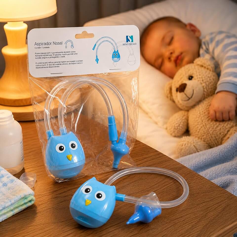 Aspirador Nasal Infantil Corujinha, Azul, com Ponta de Silicone, Desmontável e Lavável, Kit Limpeza Nasal