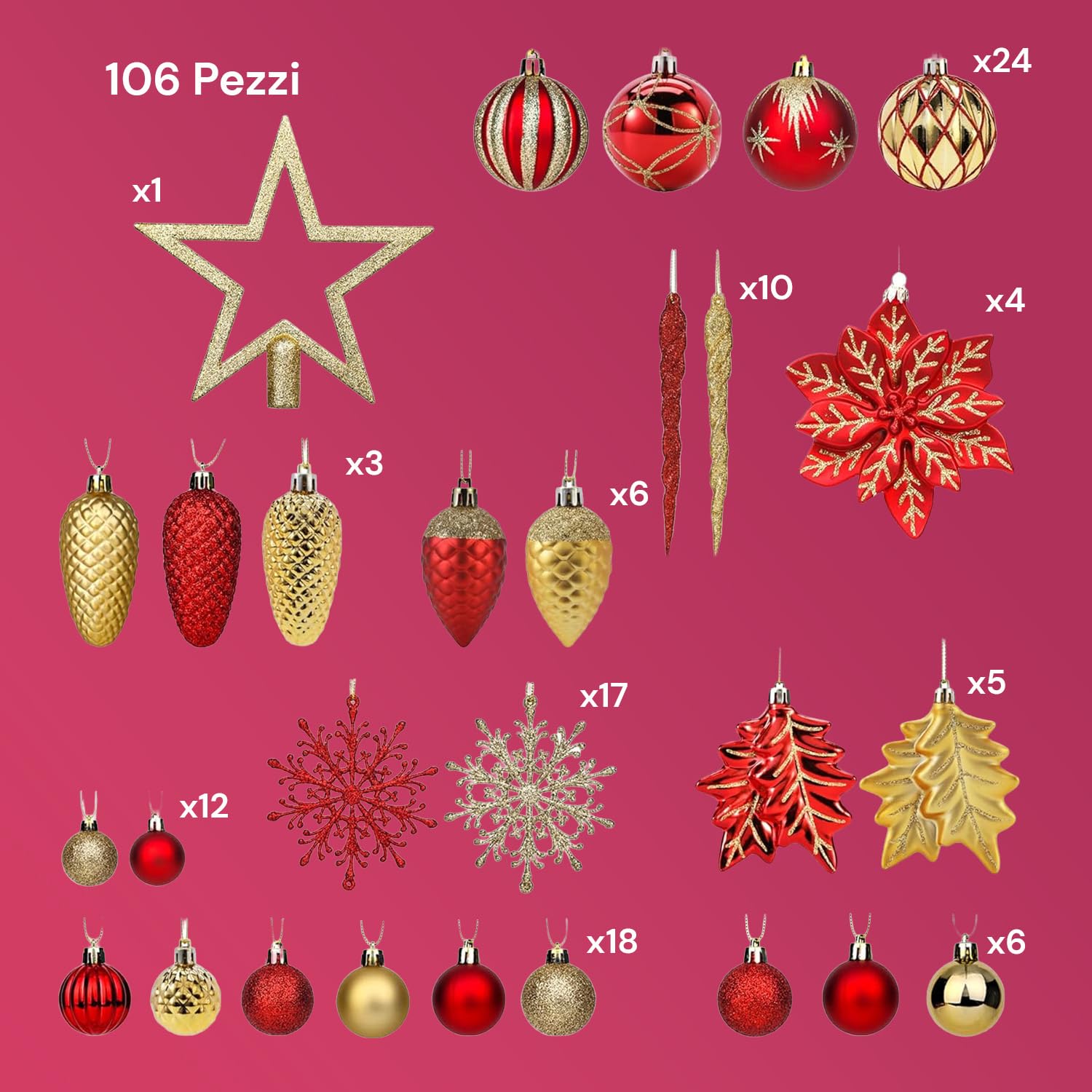 Wintem Lot de 106 décorations d'arbre de Noël en Rouge et Or avec balles, Fleurs et étoiles incassables pour décorations de Noël coordonnées, faciles à accrocher et à réutiliser