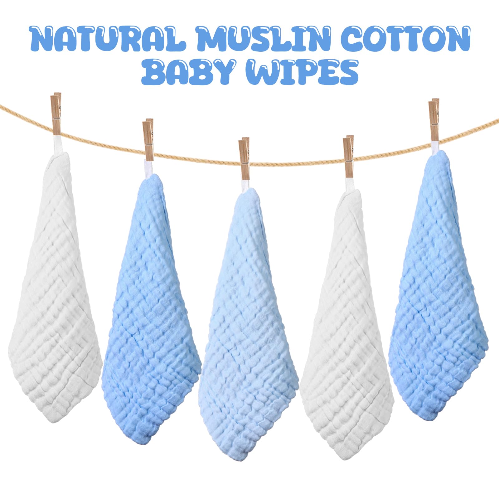 Breling 20 paños de Muselina para bebé, de algodón Natural, Suaves, para recién Nacidos, absorbentes para Piel Sensible, 12 x 12 Pulgadas (Blanco, Azul Claro, Azul)