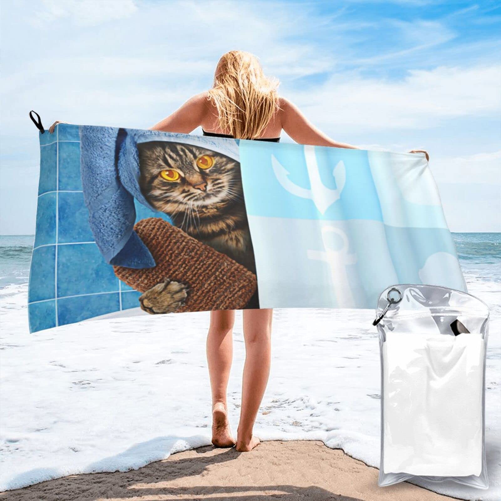 Lawenp Cat Taking A Baths Microfiber Beach Towel Adults Large Quick Drying Bath Towel Travel Towels with Pouch 31.5"x63"