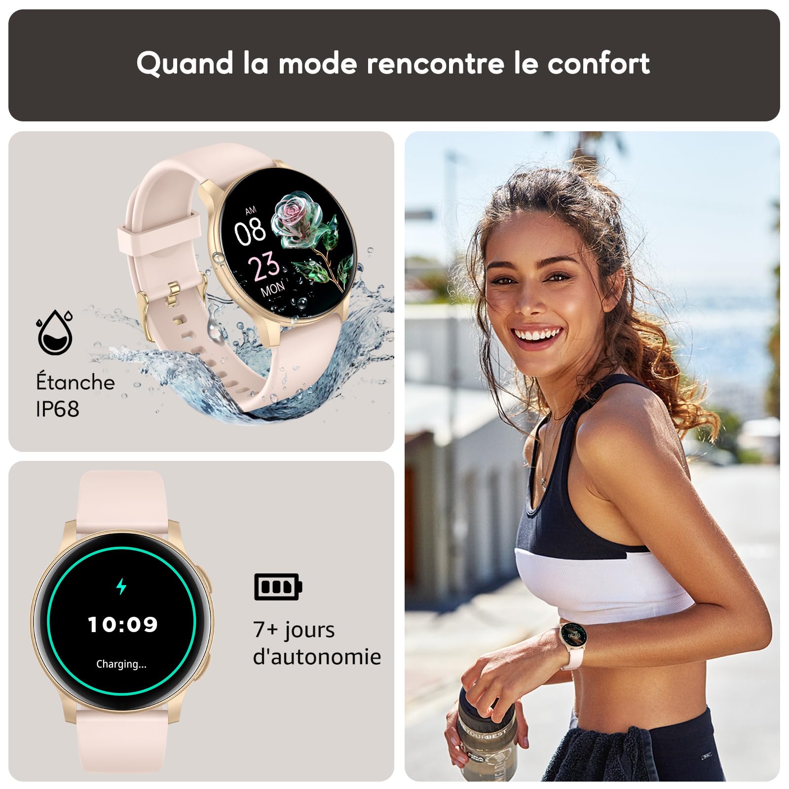 AcclaFit Montre Connectée Femme Homme avec Appel Bluetooth, Smartwatch Ronde 1,38" avec 147+ Modes Sportifs, Cardiofréquencemètre, Sommeil, IP68 Étanchéite, Compatible avec Android iOS